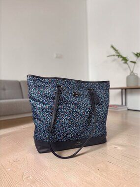 Coach Floral Print Nylon Tote Bag With Navy Leather Trim